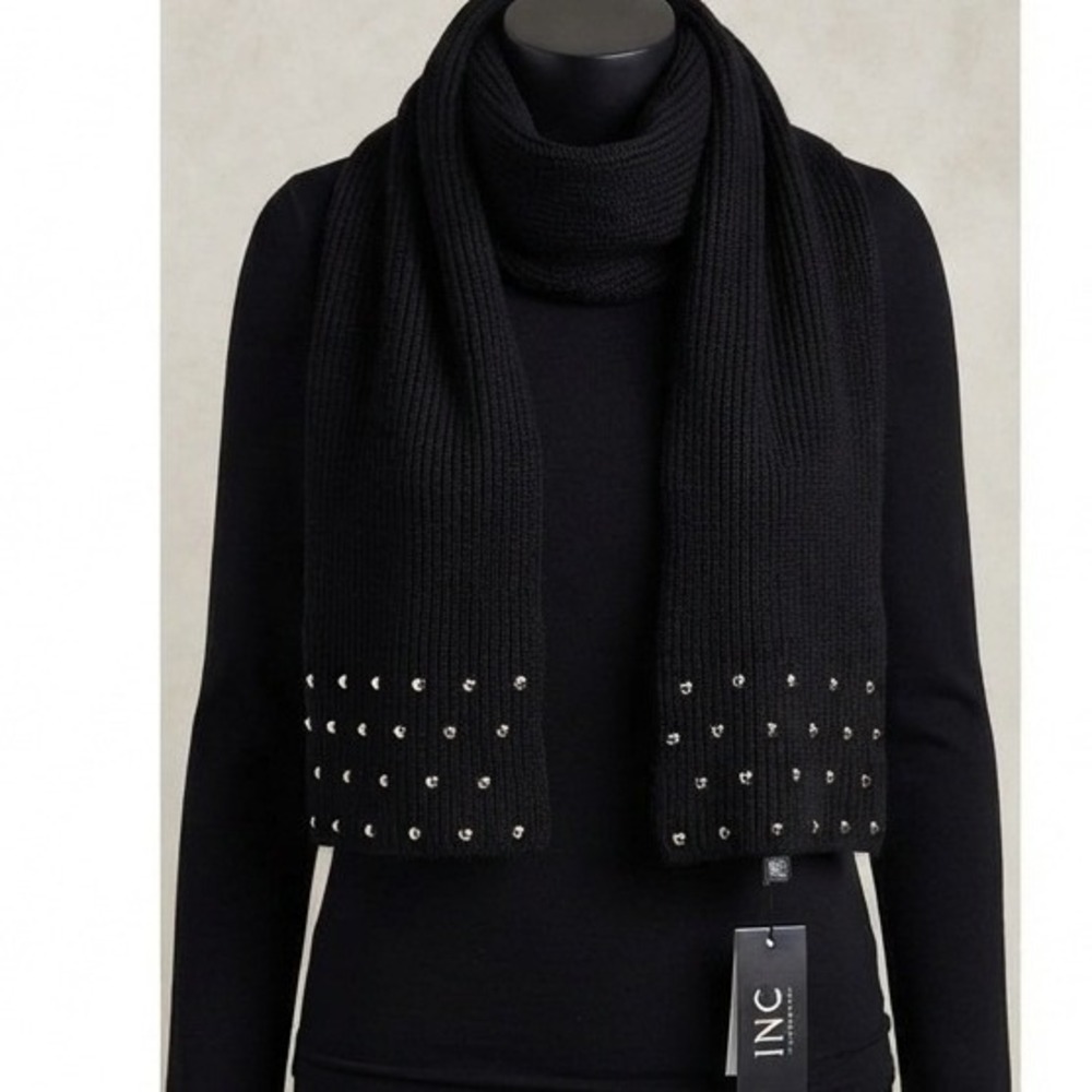 INC International Concepts Black Silver-tone Studded Convertible Wrap Scarf NWT